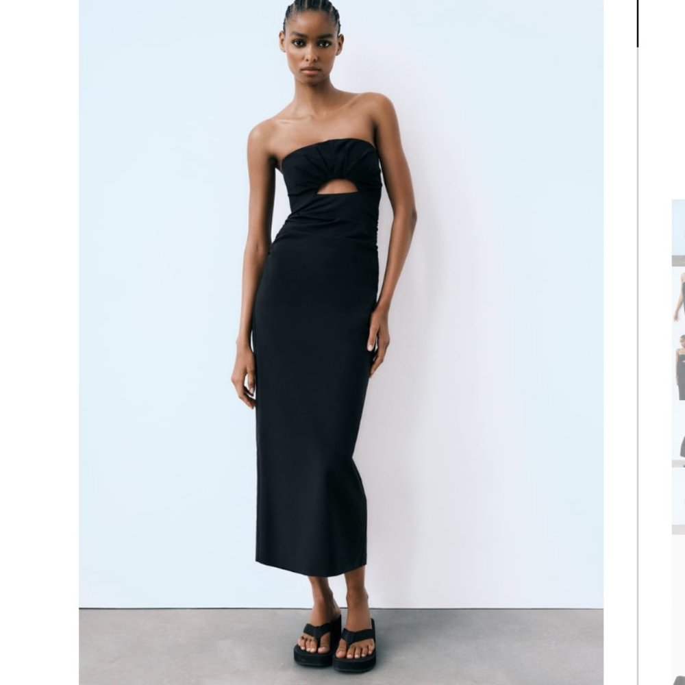 NWT ZARA STRAPLESS CUT OUT MIDI DRESS BLACK